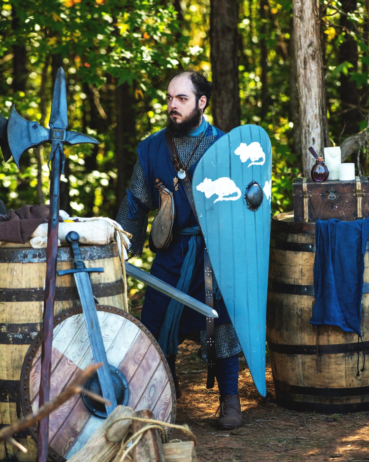 Harald, a fantasy Norman-esque warrior in blue, holding a kite shield emblazoned with three white rats, holding a sword, looking around aggressively